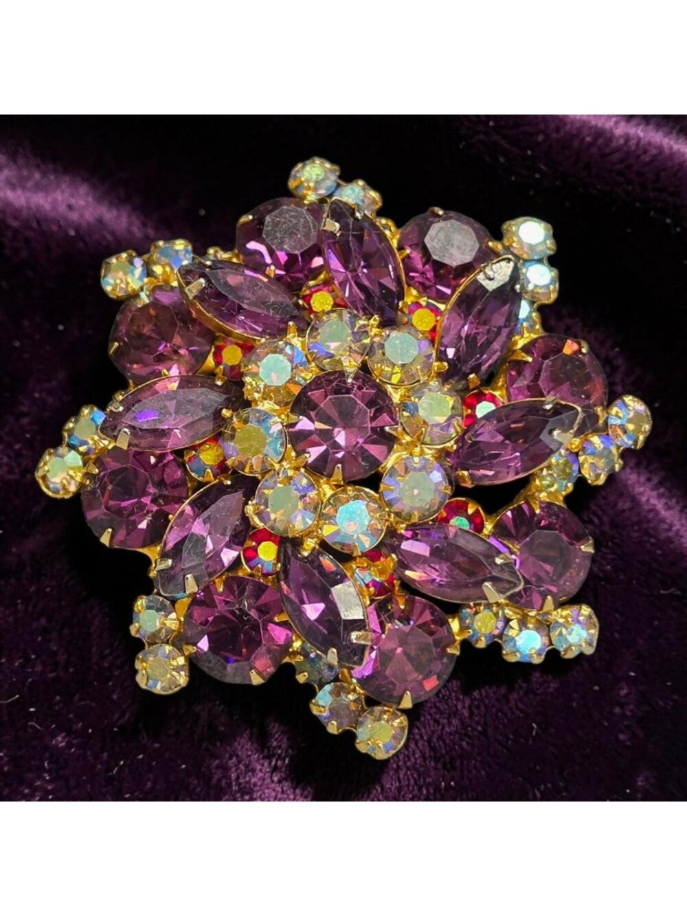 Vintage Julianna D&E Purple AB Glass Rhinestone Floral Gold-Tone Brooch Pin 2.5"